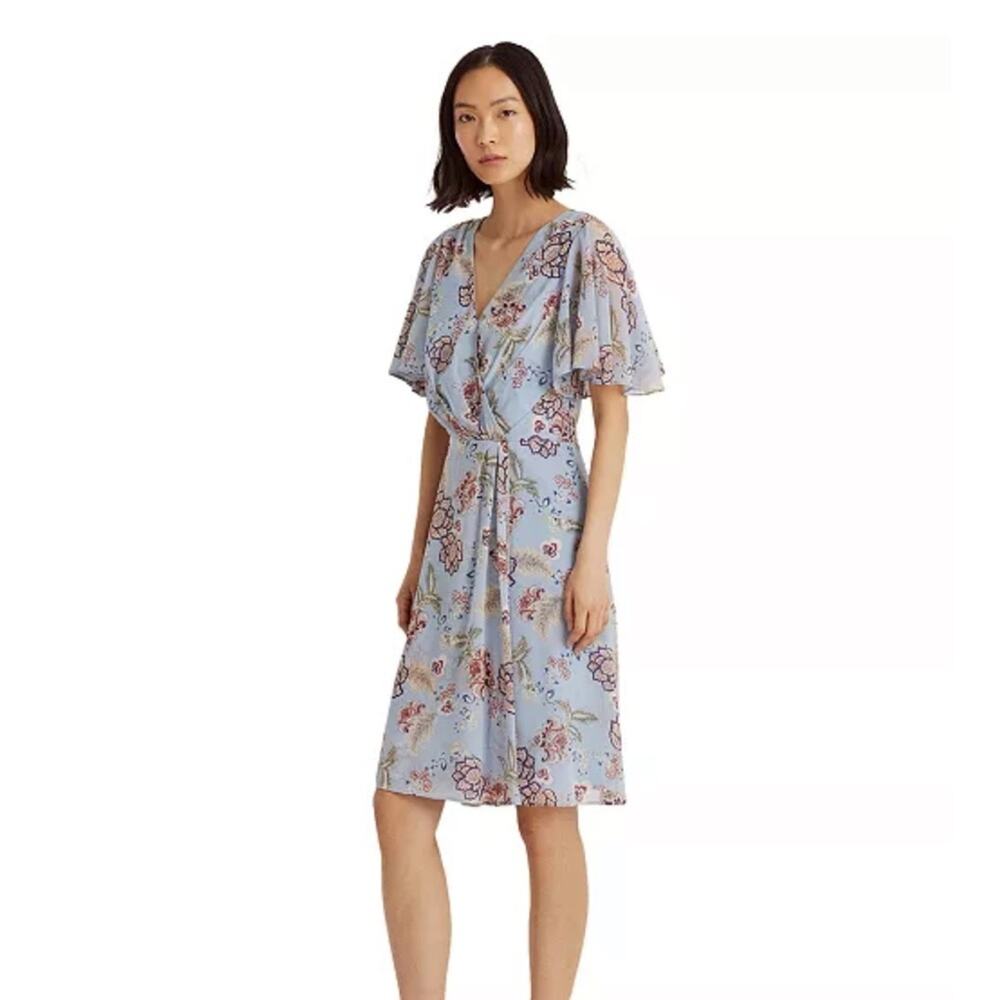 Lauren Ralph lauren black label flutter sleeve georgette blue floral dress 6